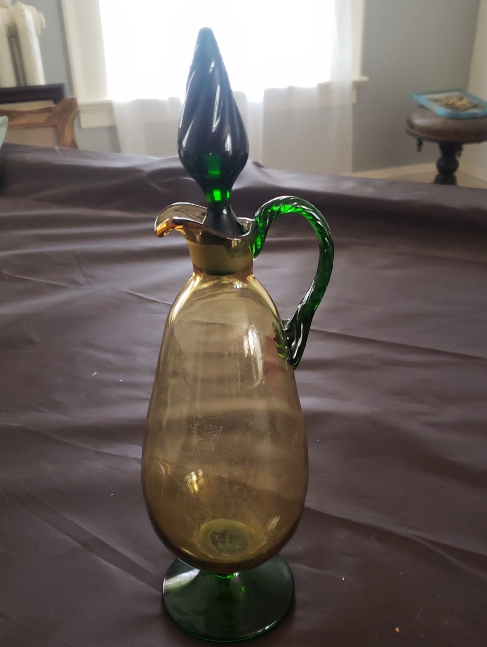 Vintage Anesco Handblown Amber and Green Glass Decanter with Stopper 12 Inches
